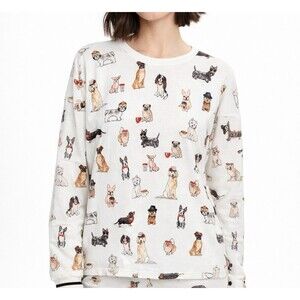PJ Salvage Pajama Top Women S Ivory Dog Print Long Sleeve Sleepwear NWT
